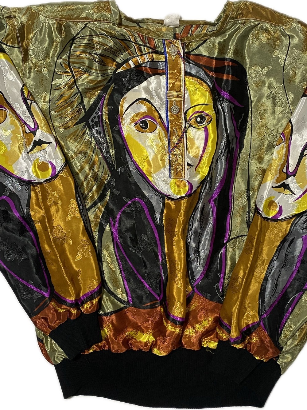 Artistic Abstract Face Print Bomber Jacket in Olive, Gold, Black